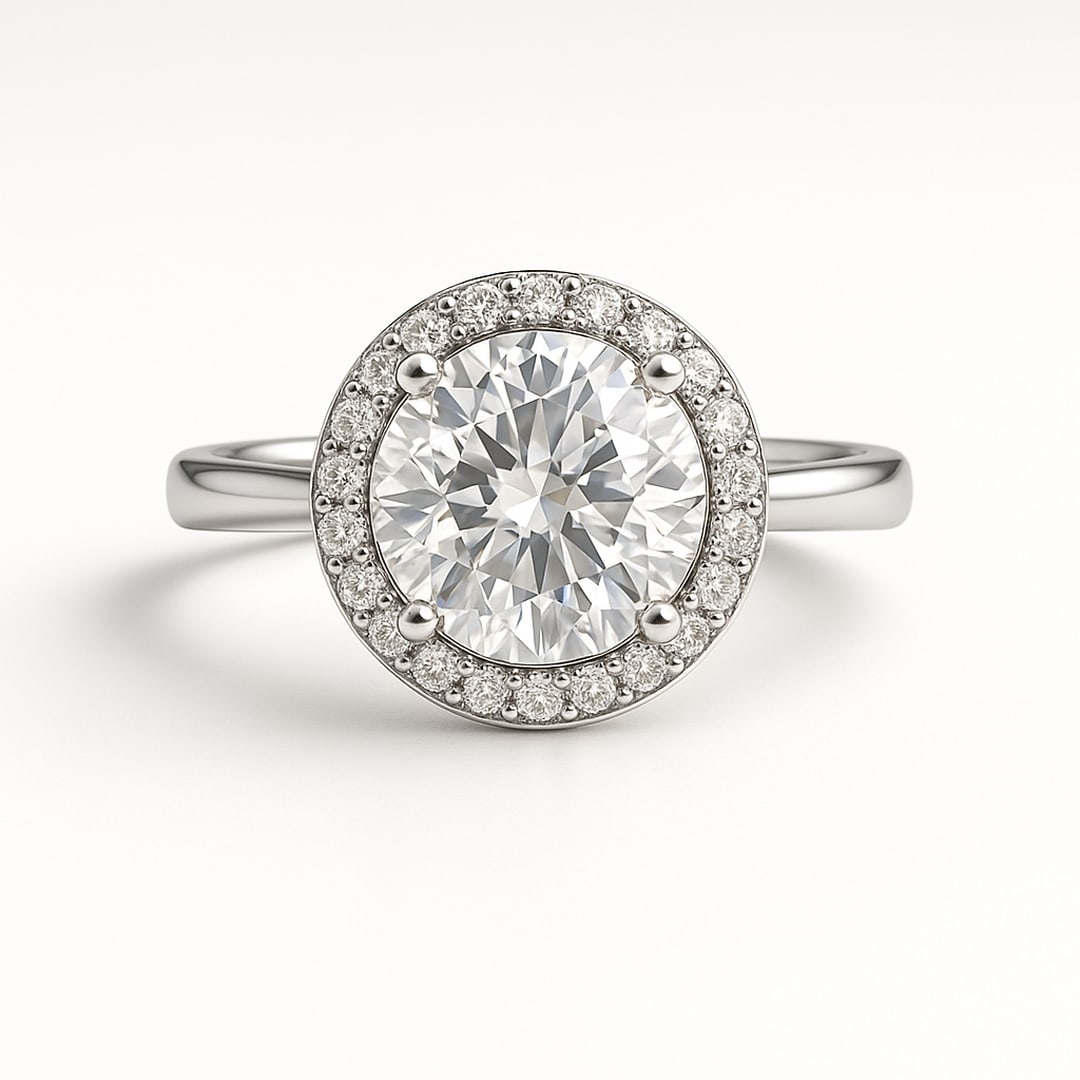 4 CT Round-Cut lab-grown diamond Diamond Halo Engagement Ring in 14K White Gold: **Center Stone:** 4.00 Carat Round-Cut lab-grown diamond Diamond. **Setting:** Halo pav?. **Shipping:** Free insured worldwide express. Each lab-grown diamond diamond is ethically created with excepti