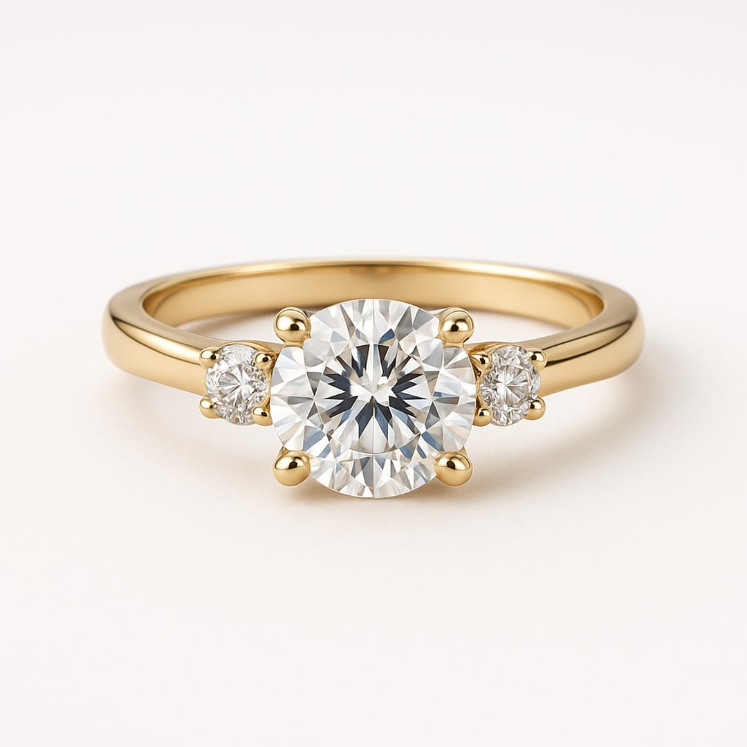 3.50 CT Round-Cut lab-grown diamond Diamond Three-Stone Ring in 14K Yellow Gold: **Center Stone:** 3.50 Carat Round-Cut lab-grown diamond Diamond. **Side Stones:** Round diamonds. **Shipping:** Free insured worldwide express. Each lab-grown diamond diamond is ethically created wit