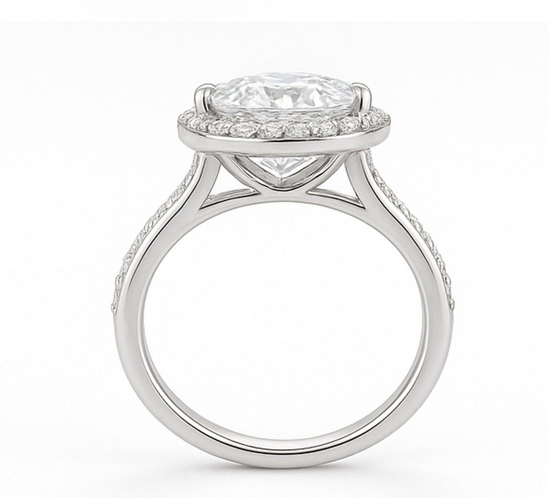 10 CT Oval-Cut lab-grown diamond Diamond Halo Engagement Ring in 14K White Gold: **Center Stone:** 10.00 Carat Oval-Cut lab-grown diamond Diamond. **Setting:** Halo pav?. **Shipping:** Free insured worldwide express. Each lab-grown diamond diamond is ethically created with excepti