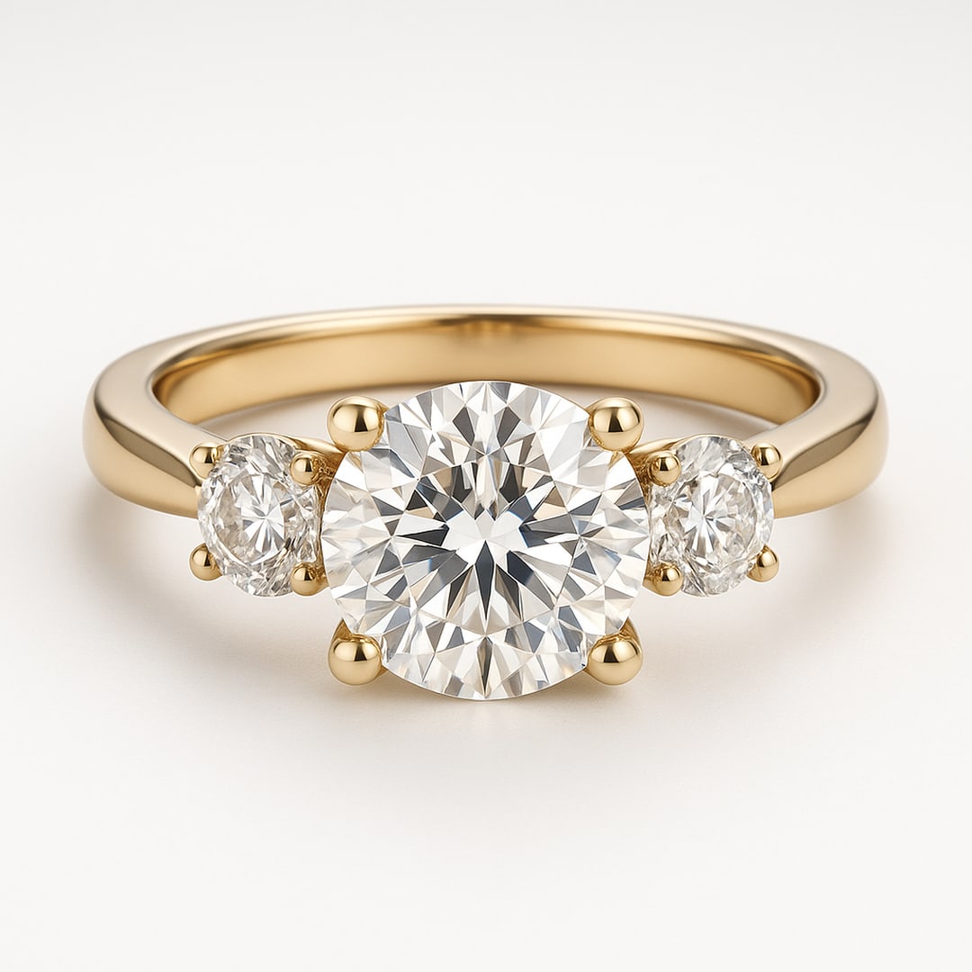4 CT Round-Cut lab-grown diamond Diamond Three-Stone Ring in 14K Yellow Gold: **Center Stone:** 4.00 Carat Round-Cut lab-grown diamond Diamond. **Side Stones:** Round diamonds. **Shipping:** Free insured worldwide express. Each lab-grown diamond diamond is ethically created wit