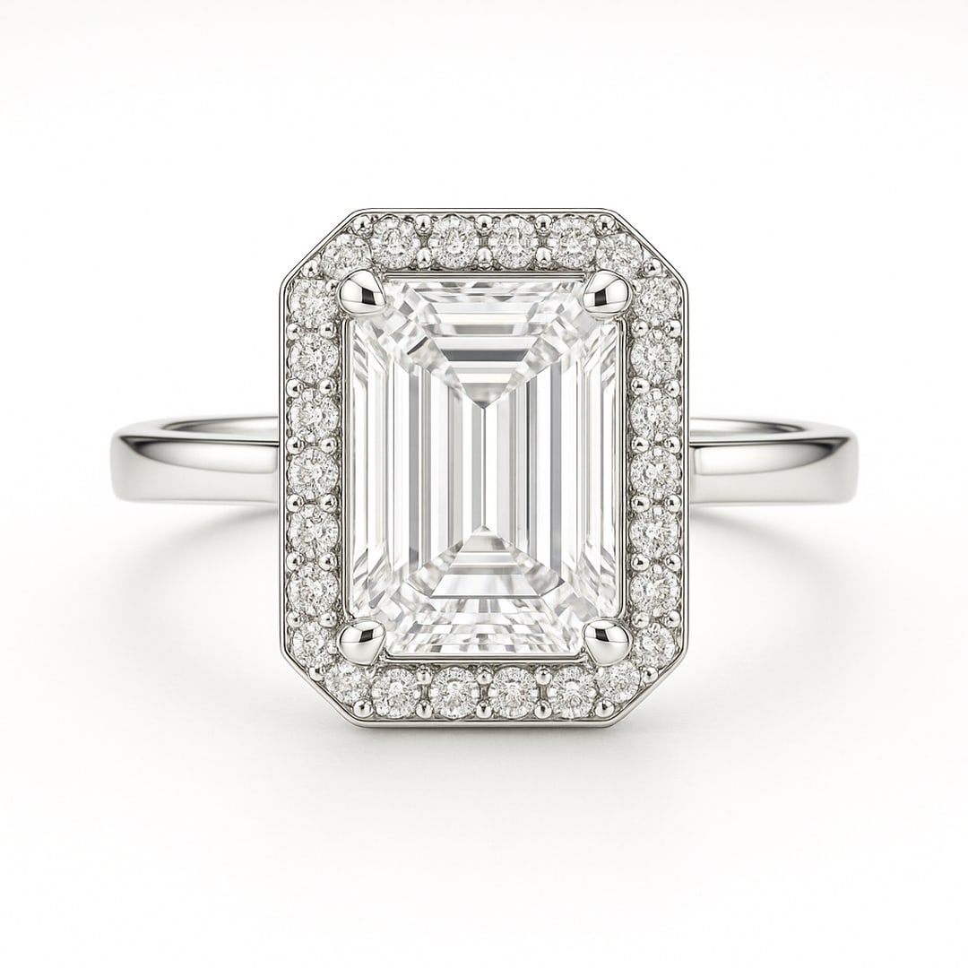 9 CT Emerald-Cut lab-grown diamond Diamond Halo Engagement Ring in 14K White Gold: **Center Stone:** 9.00 Carat Emerald-Cut lab-grown diamond Diamond. **Setting:** Halo pav?. **Shipping:** Free insured worldwide express. Each lab-grown diamond diamond is ethically created with excep