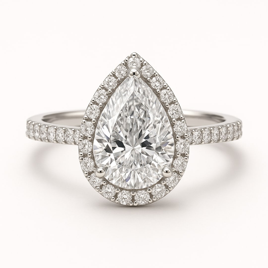 lab-grown diamond 8 CT Pear Cut Halo Engagement Ring ? 14K White Gold: This elegant 8.00 CT Pear Cut Halo Engagement Ring showcases a brilliant pear-shaped diamond surrounded by a halo of sparkling round lab-grown diamond diamonds, set in solid 14K white gold with a smoo