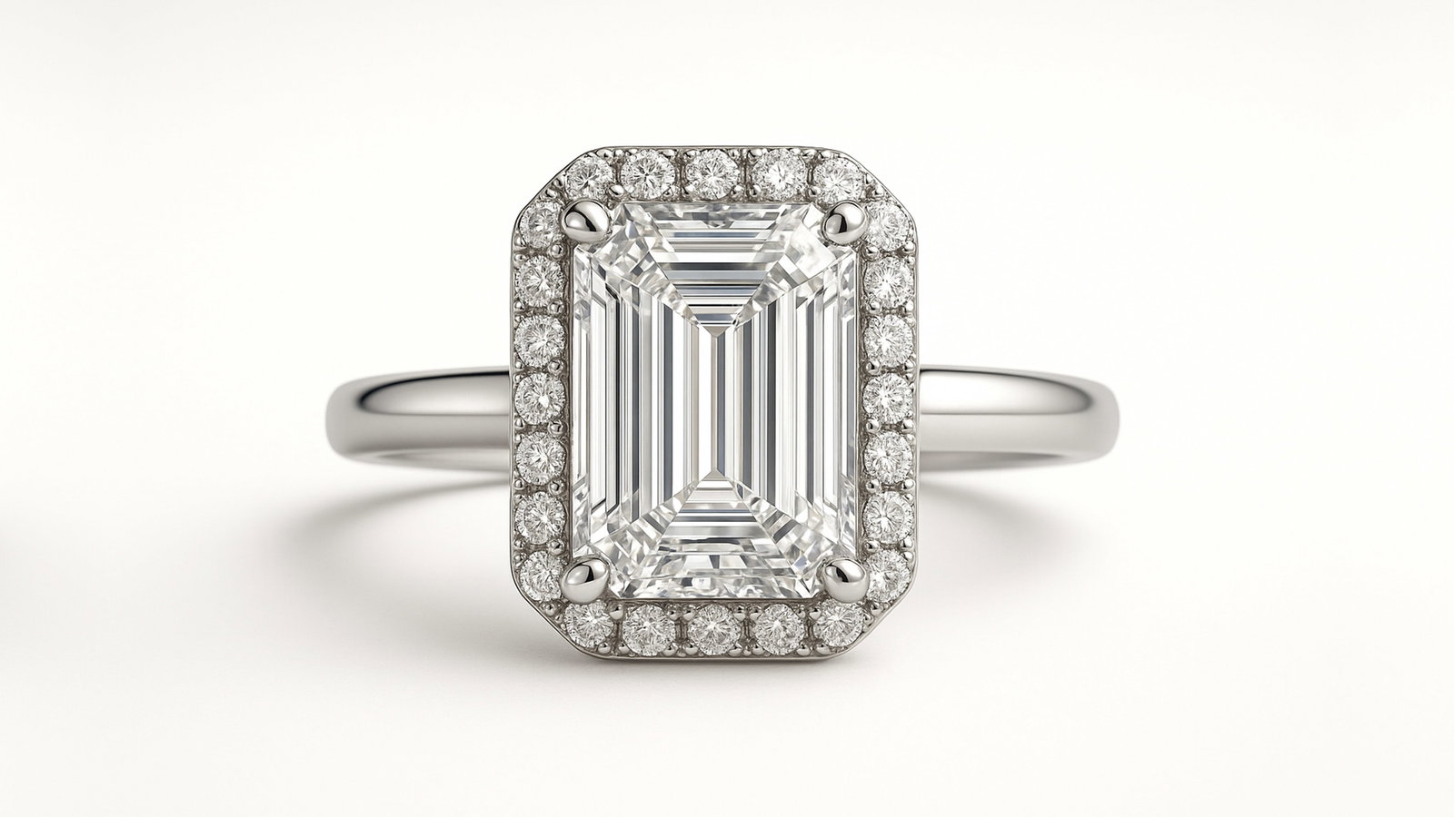 lab-grown diamond 9 CT Emerald Cut Halo Engagement Ring ? 14K White Gold: A stunning 9.00 CT Emerald Cut Halo Engagement Ring crafted in 14K white gold, featuring a mirror-finish band and full halo of pav?-set lab-grown diamond diamonds. The emerald cut center stone reflect