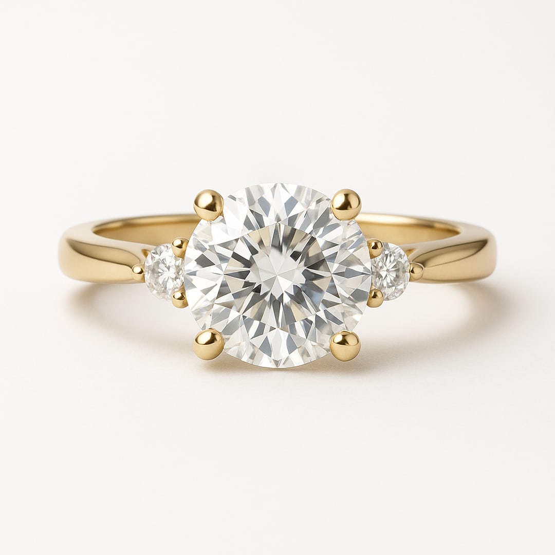 lab-grown diamond 3 CT Round Solitaire Engagement Ring ? 14K Yellow Gold: A classic 3.00 CT Round Solitaire Engagement Ring set in 14K yellow gold, featuring a smooth polished band with a secure four-prong setting. Designed for maximum brilliance and timeless elegance, perf