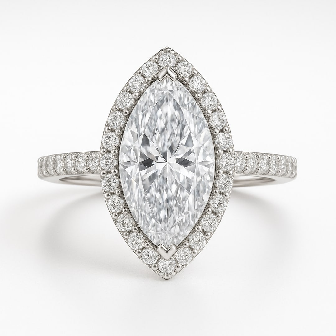 lab-grown diamond 7 CT Marquise Cut Halo Engagement Ring ? 14K White Gold: This exquisite 7.00 CT Marquise Cut Halo Engagement Ring features a brilliant marquise center stone enhanced by a sparkling lab-grown diamond diamond halo, set in 14K white gold with a high-polish fin