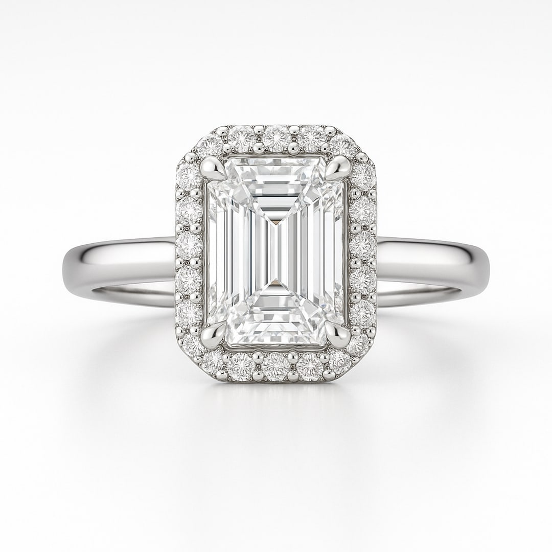 lab-grown diamond 6.50 CT Emerald Cut Halo Engagement Ring ? 14K White Gold: A breathtaking 6.50 CT Emerald Cut Halo Engagement Ring crafted in 14K white gold. Features a beautifully faceted center stone and full halo of lab-grown diamond round diamonds. Elegant high-polish fi