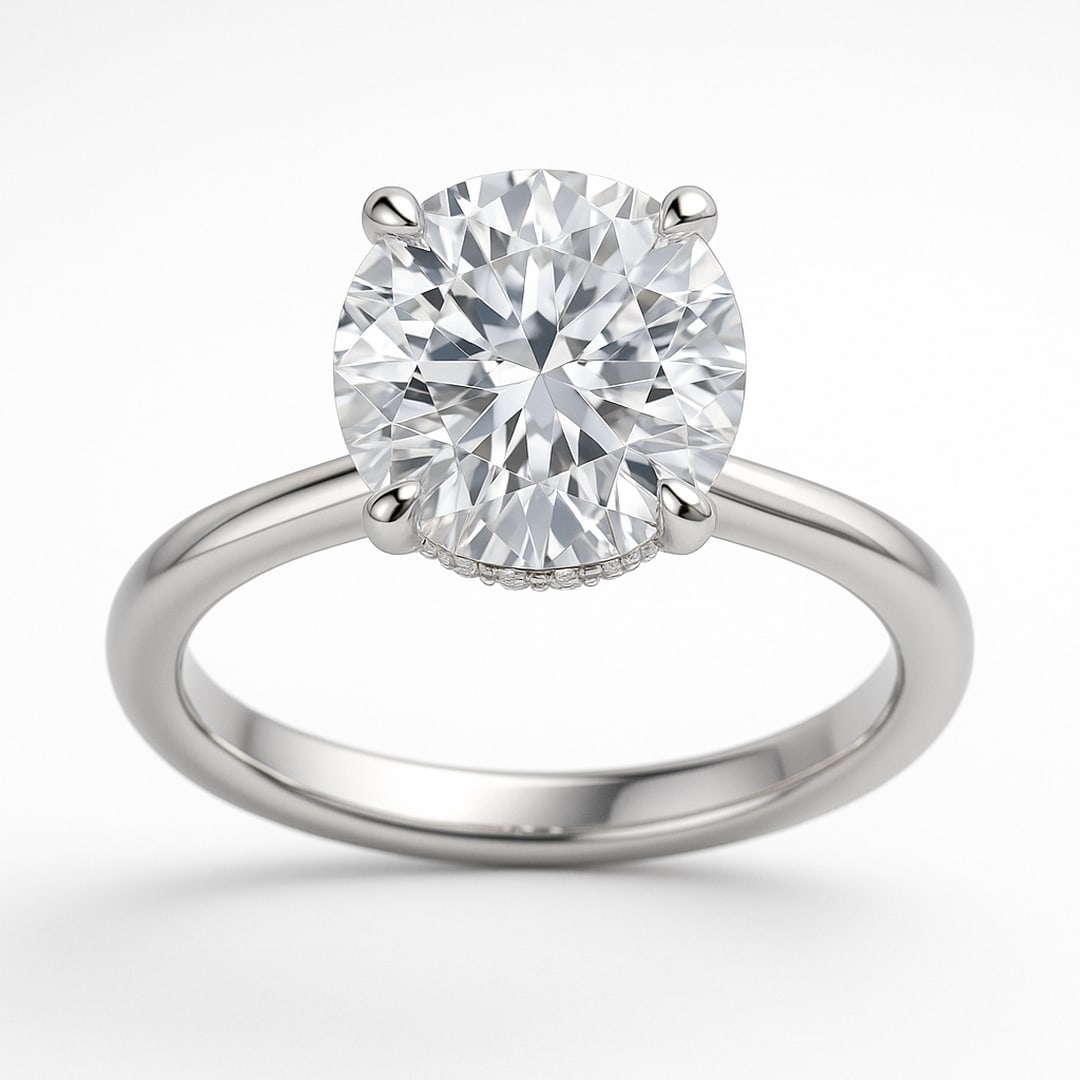 lab-grown diamond 3 CT Round Solitaire Engagement Ring ? 14K White Gold: A 3.00 CT Round Solitaire Engagement Ring set in solid 14K white gold with a mirror-polish band and secure four-prong setting. A minimalist yet luxurious design symbolizing pure elegance and commitmen