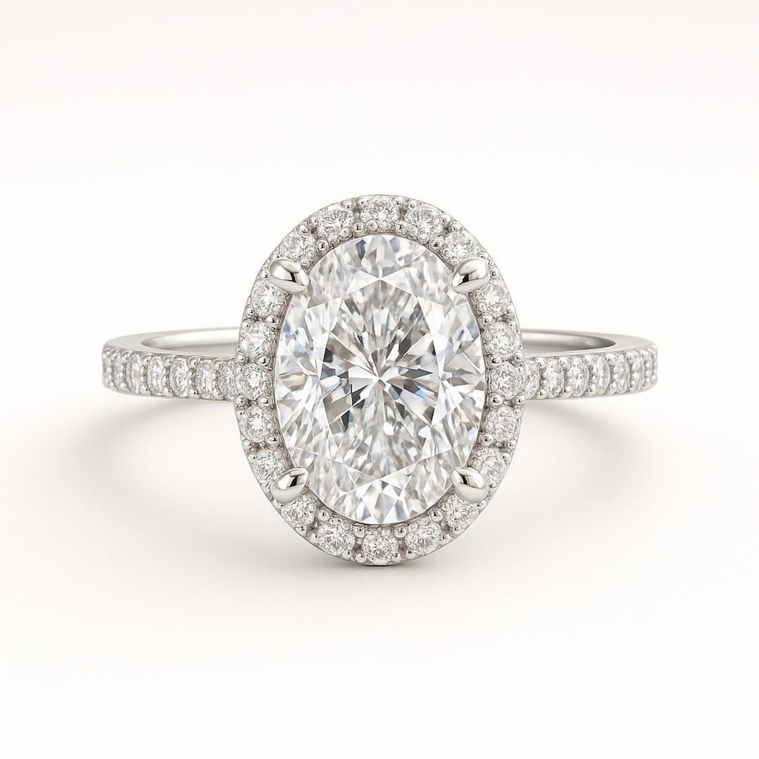 lab-grown diamond 7 CT Oval Cut Halo Engagement Ring ? 14K White Gold: A magnificent 7.00 CT Oval Cut Halo Engagement Ring in 14K white gold, featuring a bright oval center stone with surrounding pav? halo and lab-grown diamond diamond band. Perfect for engagement, miles
