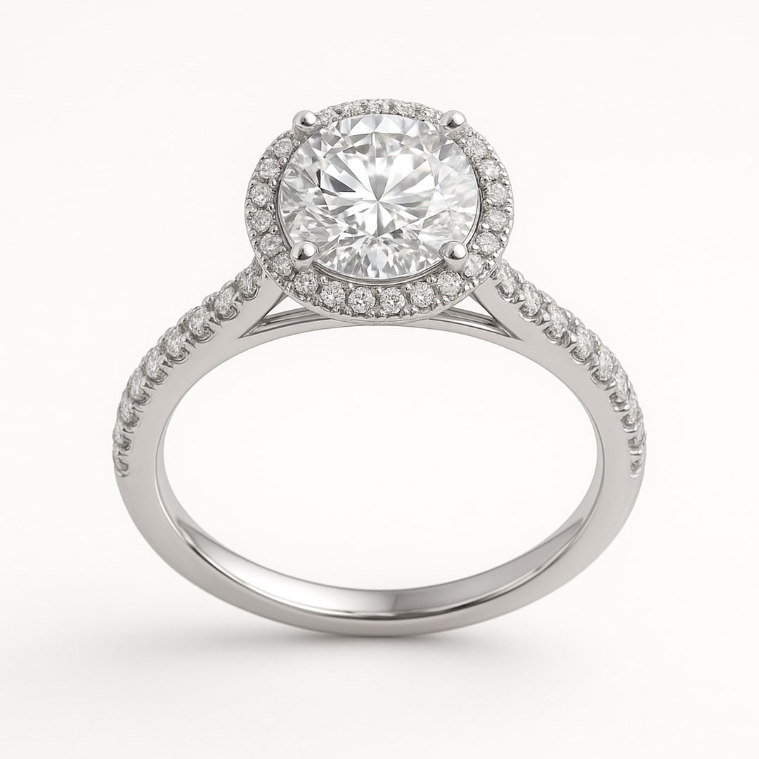 lab-grown diamond 5.00 CT Round Halo Diamond Ring: 5 CT Round Halo lab-grown diamond Diamond, E?F Color, VVS1?VS1 Clarity, 14K White Gold Each lab-grown diamond diamond is ethically created with exceptional brilliance and fire, offering an eco-friendl
