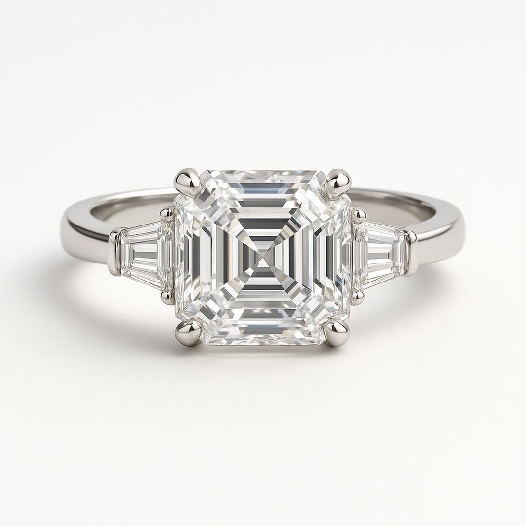 lab-grown diamond 5.00 CT Asscher Three-Stone Diamond Ring: 5 CT Asscher Cut Three-Stone lab-grown diamond Diamond, E?F Color, VVS1?VS1 Clarity Each lab-grown diamond diamond is ethically created with exceptional brilliance and fire, offering an eco-friendly a