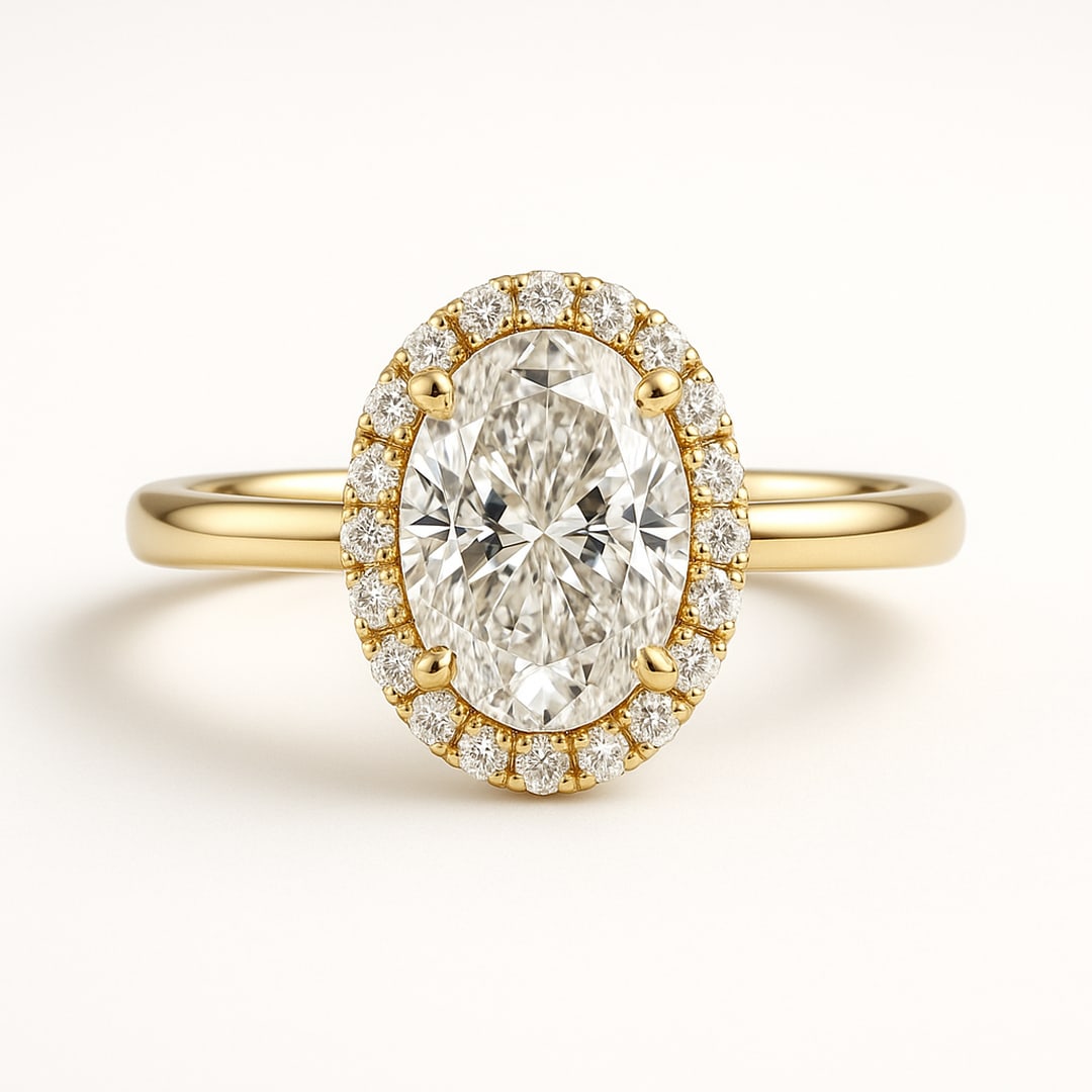 lab-grown diamond 7.50 CT Gold Oval Halo Diamond Ring: 7.5 CT Oval Halo lab-grown diamond Diamond in Yellow Gold Each lab-grown diamond diamond is ethically created with exceptional brilliance and fire, offering an eco-friendly and sustainable alternative