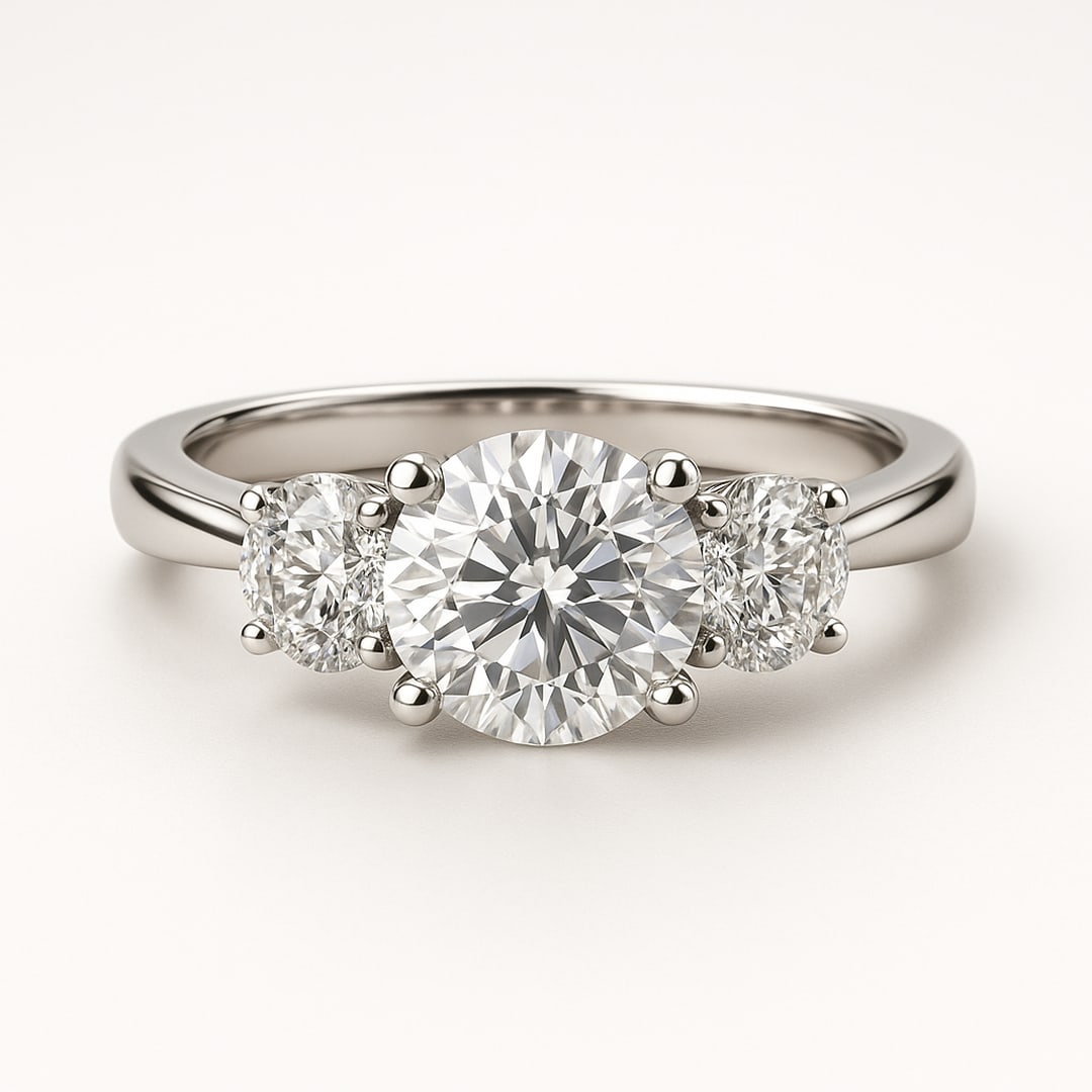lab-grown diamond 2.50 CT Round Three-Stone Diamond Ring: 2.5 CT Round Three-Stone lab-grown diamond Diamond, E?F Color, VVS1?VS1 Clarity Each lab-grown diamond diamond is ethically created with exceptional brilliance and fire, offering an eco-friendly and s