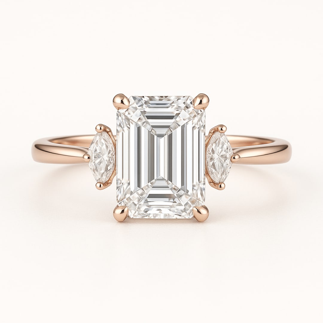 lab-grown diamond 8.00 CT Emerald Three-Stone Rose Gold Ring: 8 CT Emerald Center lab-grown diamond Diamond with two matching side stones. 14K Rose Gold. Premium polish and brilliant fire. Engagement, anniversary or luxury gift. Each lab-grown diamond diamond is