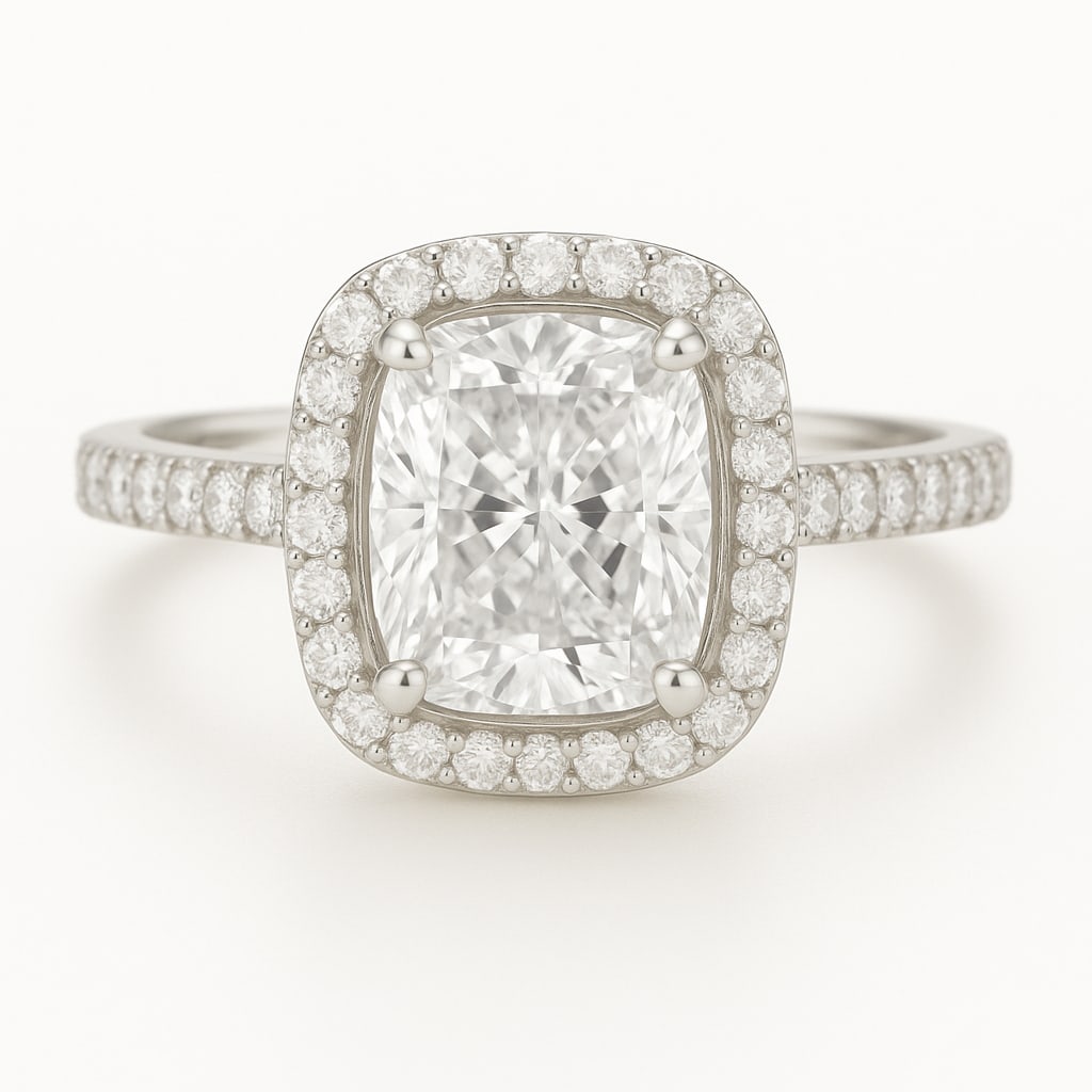 lab-grown diamond 8.00 CT Cushion Halo Diamond Ring: 8 CT Cushion Cut lab-grown diamond Diamond with full halo & pav? band, 14K White Gold. Exceptional sparkle and fine craftsmanship. Ready to ship. Each lab-grown diamond diamond is ethically created wi