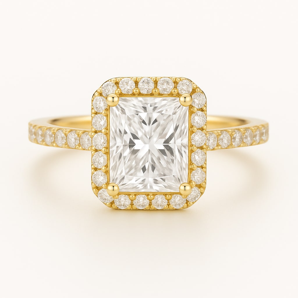 lab-grown diamond 3.00 CT Round Pav? Band Diamond Ring: 3 CT lab-grown diamond Round Diamond with pav? diamond band. 14K Yellow Gold, mirror-polish finish. Classic engagement ring style. Each lab-grown diamond diamond is ethically created with exceptional 