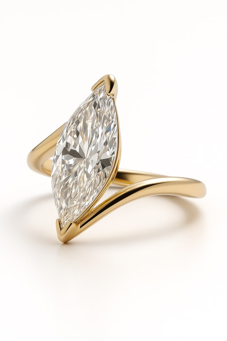 lab-grown diamond 6.50 CT Marquise Solitaire Diamond Ring in 14K Yellow Gold: This elegant 6.50 CT marquise-cut lab-grown diamond diamond solitaire ring is crafted in solid 14K yellow gold, showcasing an elongated marquise profile that beautifully flatters the finger. The secur