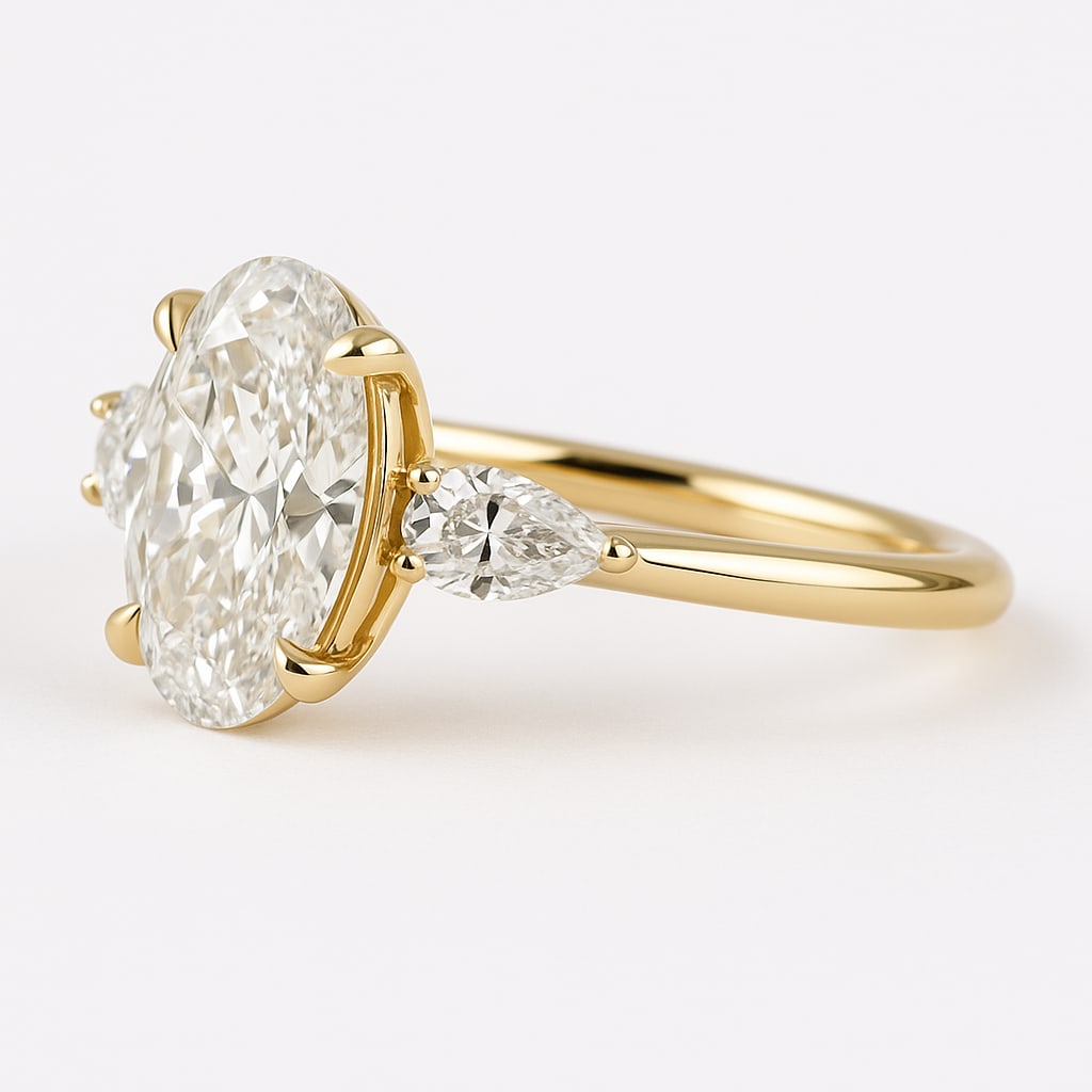 5.00 CT Oval Cut Three-Stone lab-grown diamond Diamond Ring in 14K Yellow Gold: A breathtaking 5.00 carat oval cut lab-grown diamond diamond takes center stage, flanked by two matching pear-shaped side stones, forming a balanced and elegant three-stone design. Crafted in solid 14