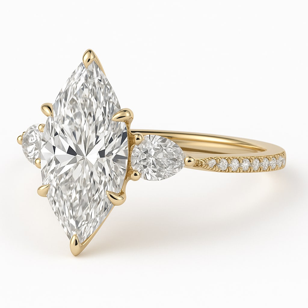 6.00 CT Marquise-Cut lab-grown diamond Diamond Three-Stone Engagement Ring in 14K Yellow Gold: This stunning 6.00 carat marquise-cut lab-grown diamond diamond engagement ring features a dazzling center stone with two matching pear-shaped side diamonds. Crafted in solid 14K yellow gold with a sm
