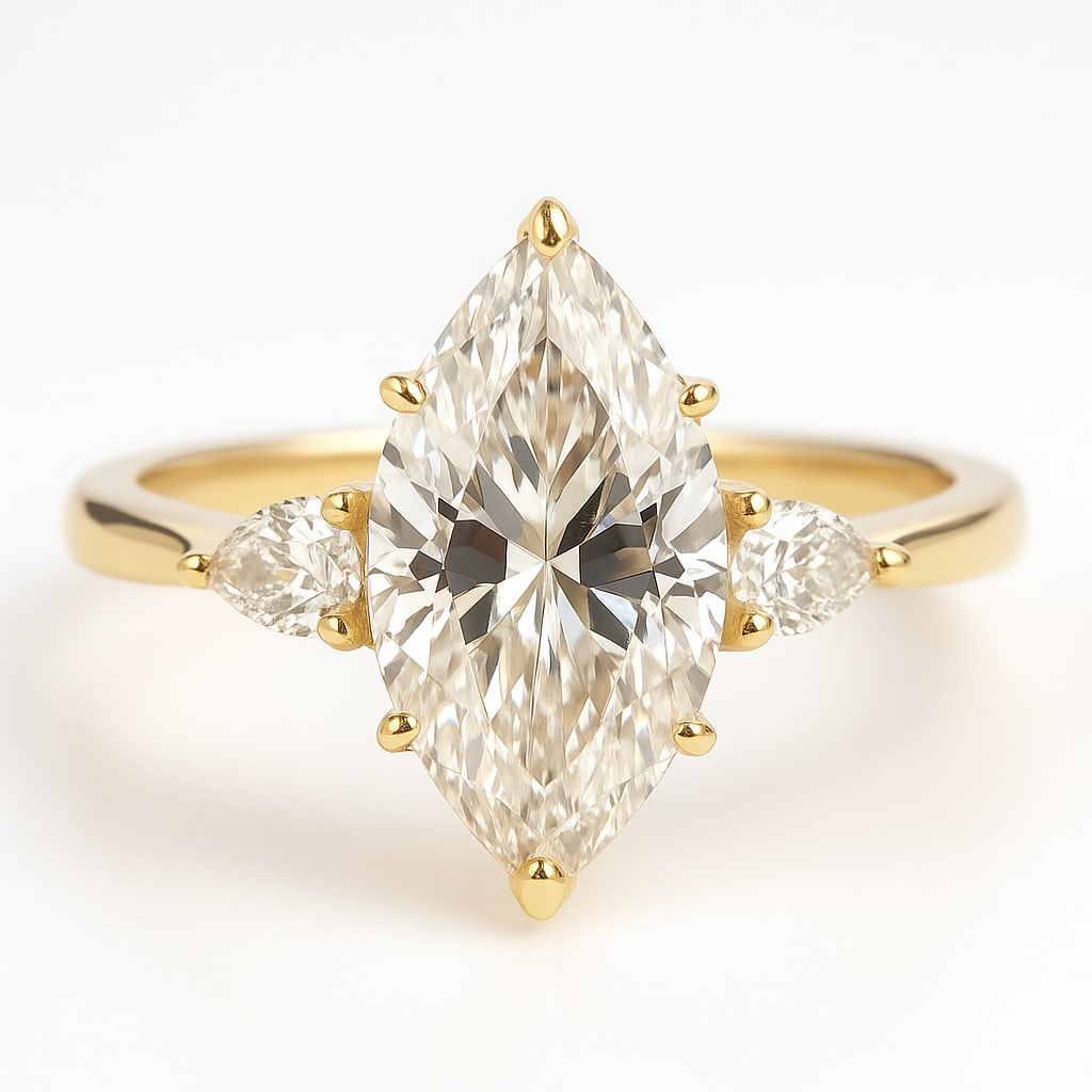 6.00 CT Marquise-Cut lab-grown diamond Diamond Three-Stone Engagement Ring in 14K Yellow Gold: An elegant 6.00 carat marquise-cut lab-grown diamond diamond is paired with two matching pear-shaped side stones in this three-stone setting. Crafted in solid 14K yellow gold and finished with high-po