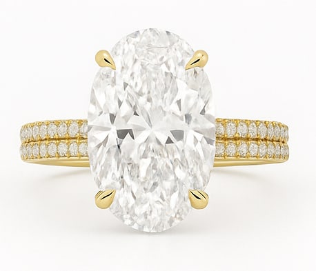 10.00 CT Oval lab-grown diamond Diamond Triple-Row Pav? Engagement Ring in 14K Yellow Gold: This statement engagement ring showcases a magnificent 10.00 carat oval lab-grown diamond diamond set in a classic four-prong basket atop a luxurious triple-row pav? band in solid 14K yellow gold. The