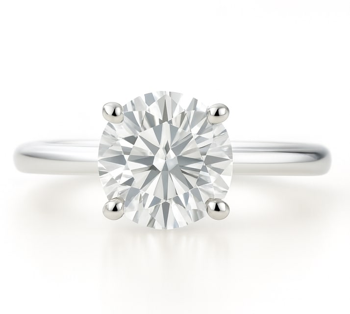3.00 CT Round lab-grown diamond Diamond Classic Solitaire Ring in 14K White Gold: A true classic, this solitaire ring highlights a 3.00 carat round brilliant-cut lab-grown diamond diamond held securely in a four-prong setting atop a smooth, polished 14K white gold band. The lab-gro