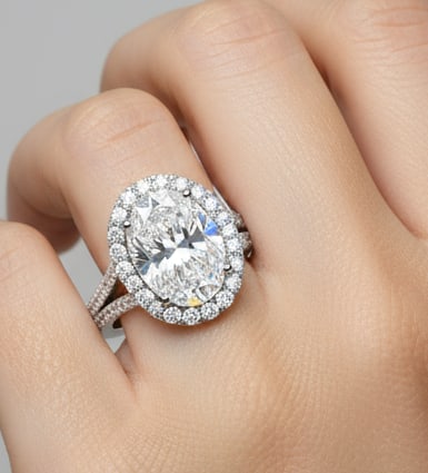 8.00 CT Oval lab-grown diamond Diamond Double-Halo Split-Shank Ring in 14K White Gold: This spectacular ring presents an 8.00 carat oval lab-grown diamond diamond encircled by a double halo of lab-grown diamond round diamonds, all set in bright 14K white gold. The split shank is further