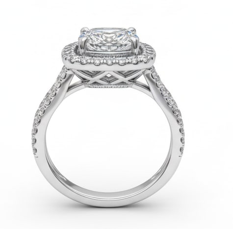 lab-grown diamond 5.00 CT Princess-Cut Diamond Double Halo Ring in 14K White Gold: This unique lab-grown diamond diamond ring showcases a 5.00 carat princess-cut center stone in a double halo design, expertly crafted in 14K White Gold. The smooth high-polish band is designed to sit 