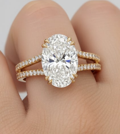lab-grown diamond 7.00 CT Radiant-Cut Diamond Three-Stone Ring in 14K Yellow Gold: This unique lab-grown diamond diamond ring showcases a 7.00 carat radiant-cut center stone in a three-stone design, expertly crafted in 14K Yellow Gold. The tapered comfort-fit band is designed to sit