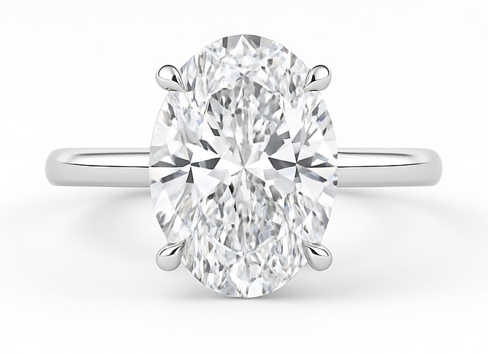 lab-grown diamond 10.00 CT Oval-Cut Diamond Split-Shank Ring in 14K White Gold: This unique lab-grown diamond diamond ring showcases a 10.00 carat oval-cut center stone in a split-shank design, expertly crafted in 14K White Gold. The knife-edge band is designed to sit comfortably
