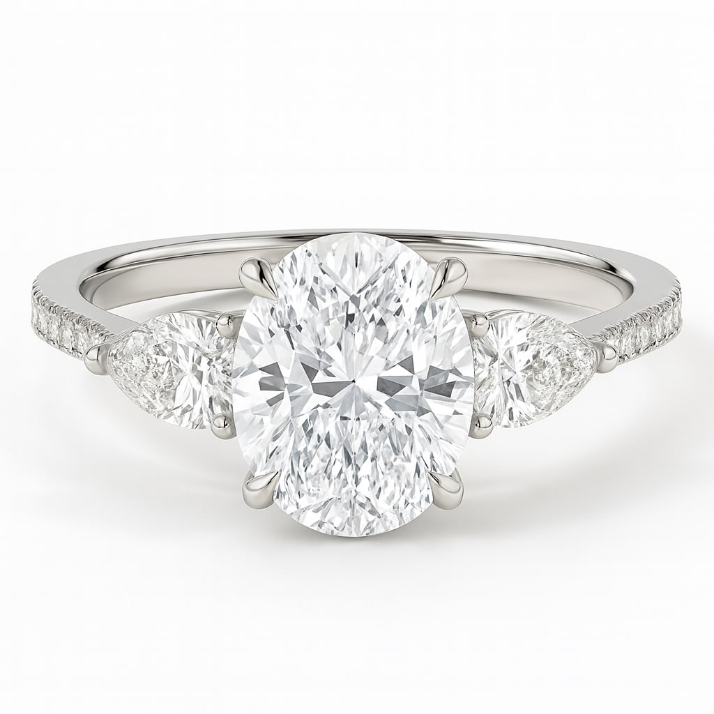 lab-grown diamond 6.00 CT Oval-Cut Diamond Three-Stone Ring in 14K White Gold: This unique lab-grown diamond diamond ring showcases a 6.00 carat oval-cut center stone in a three-stone design, expertly crafted in 14K White Gold. The elegant rounded band is designed to sit comfort