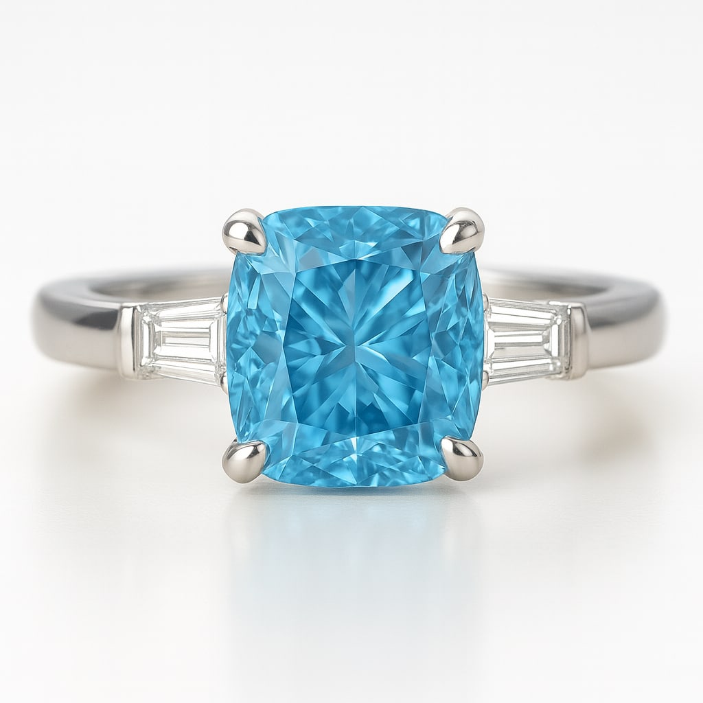 lab-grown diamond 3.00 CT Cushion-Cut Diamond Three-Stone Ring in 14K White Gold: This unique lab-grown diamond diamond ring showcases a 3.00 carat cushion-cut center stone in a three-stone design, expertly crafted in 14K White Gold. The knife-edge band is designed to sit comfortab