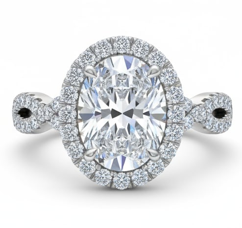 lab-grown diamond 5.00 CT Oval-Cut Diamond Twist-Shank Ring in 14K White Gold: This unique lab-grown diamond diamond ring showcases a 5.00 carat oval-cut center stone in a twist-shank design, expertly crafted in 14K White Gold. The elegant rounded band is designed to sit comfort