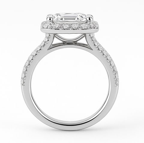 lab-grown diamond 7.00 CT Emerald-Cut Diamond Bezel-Set Ring in 14K White Gold: This unique lab-grown diamond diamond ring showcases a 7.00 carat emerald-cut center stone in a bezel-set design, expertly crafted in 14K White Gold. The pav?-set diamond band is designed to sit comfo