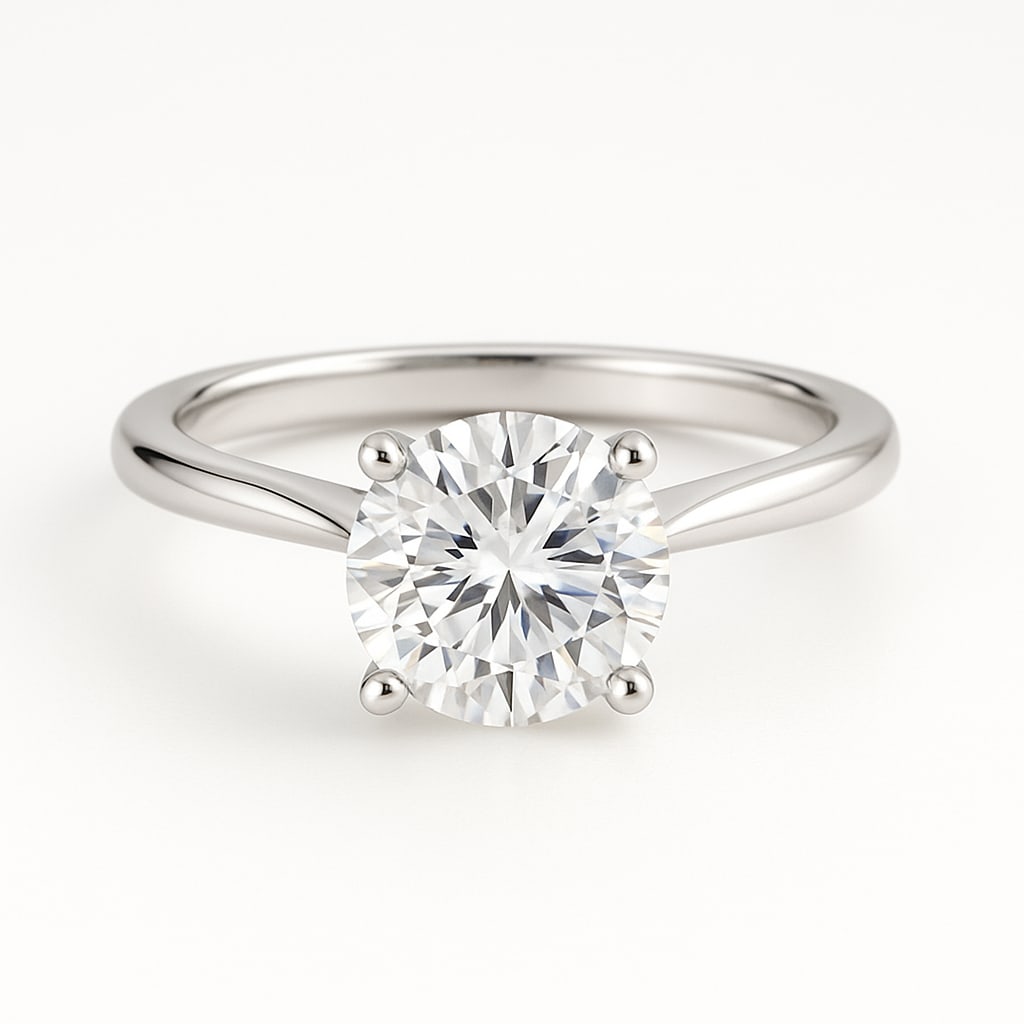 lab-grown diamond 2.00 CT Princess-Cut Diamond Classic Solitaire Ring in 14K White Gold: This unique lab-grown diamond diamond ring showcases a 2.00 carat princess-cut center stone in a classic solitaire design, expertly crafted in 14K White Gold. The smooth high-polish band is designed t