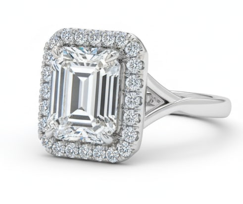 lab-grown diamond 5.00 CT Radiant-Cut Diamond Halo Engagement Ring in 14K White Gold: This unique lab-grown diamond diamond ring showcases a 5.00 carat radiant-cut center stone in a halo engagement design, expertly crafted in 14K White Gold. The tapered comfort-fit band is designed to 