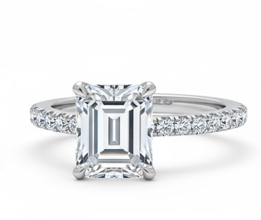 lab-grown diamond 4.00 CT Oval-Cut Diamond Three-Stone Ring in 14K White Gold: This unique lab-grown diamond diamond ring showcases a 4.00 carat oval-cut center stone in a three-stone design, expertly crafted in 14K White Gold. The knife-edge band is designed to sit comfortably 