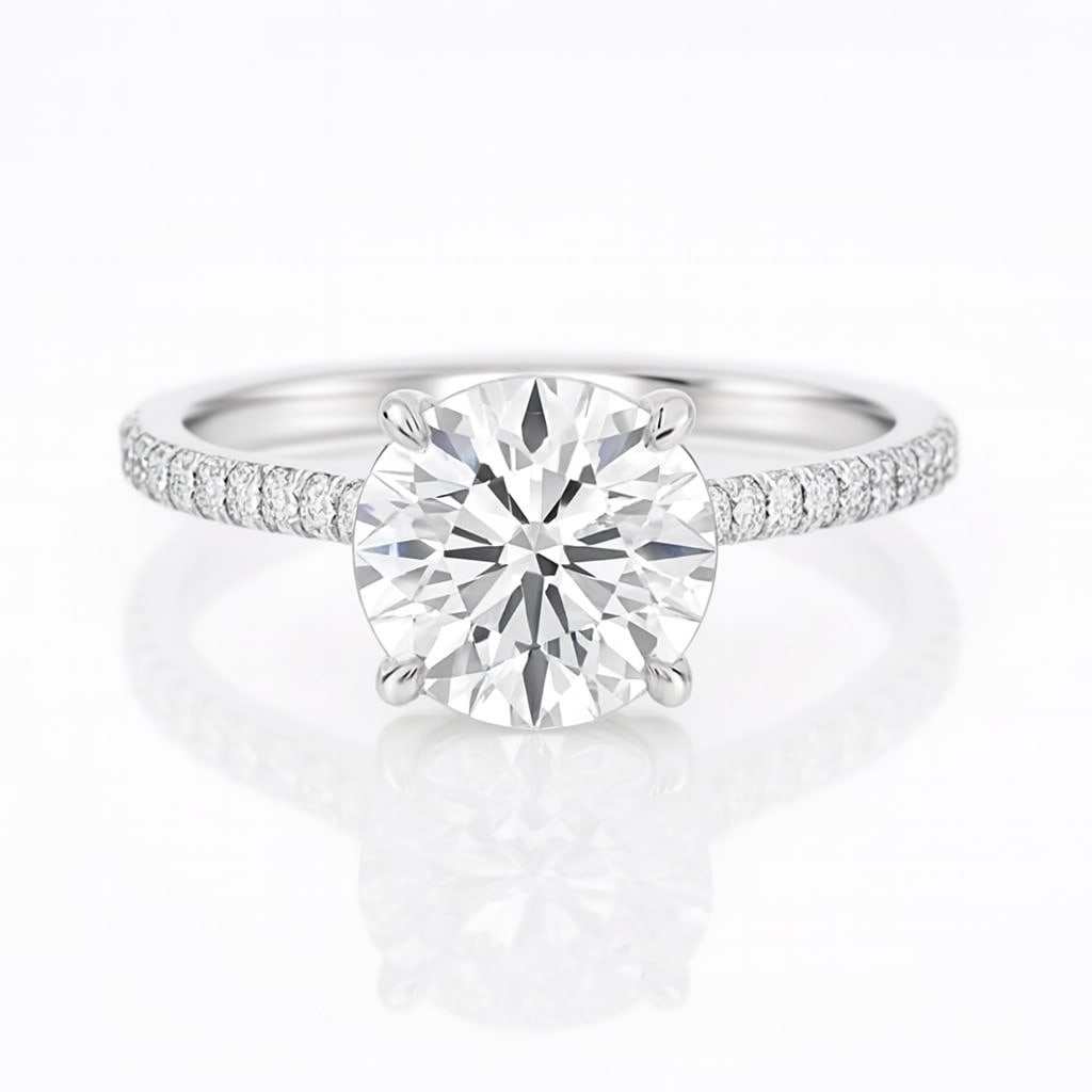 lab-grown diamond 3.00 CT Princess-Cut Diamond Hidden-Halo Ring in 14K White Gold: This unique lab-grown diamond diamond ring showcases a 3.00 carat princess-cut center stone in a hidden-halo design, expertly crafted in 14K White Gold. The pav?-set diamond band is designed to sit co