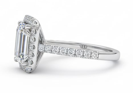 lab-grown diamond 6.00 CT Emerald-Cut Diamond Double Halo Ring in 14K White Gold: This unique lab-grown diamond diamond ring showcases a 6.00 carat emerald-cut center stone in a double halo design, expertly crafted in 14K White Gold. The smooth high-polish band is designed to sit c