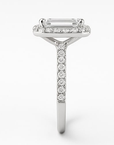 lab-grown diamond 8.00 CT Cushion-Cut Diamond Three-Stone Ring in 14K White Gold: This unique lab-grown diamond diamond ring showcases a 8.00 carat cushion-cut center stone in a three-stone design, expertly crafted in 14K White Gold. The tapered comfort-fit band is designed to sit 