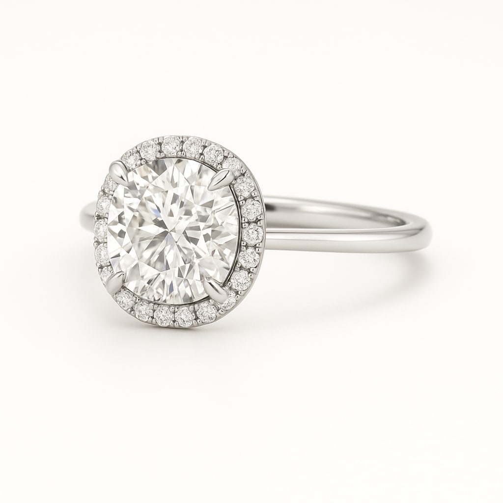 lab-grown diamond 2.00 CT Round Brilliant-Cut Diamond Hidden-Halo Ring in 14K White Gold: This unique lab-grown diamond diamond ring showcases a 2.00 carat round brilliant-cut center stone in a hidden-halo design, expertly crafted in 14K White Gold. The smooth high-polish band is designed 