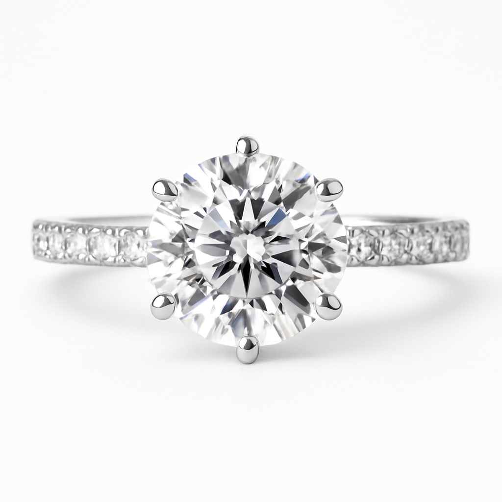 lab-grown diamond 3.00 CT Princess-Cut Diamond Double Halo Ring in 14K White Gold: This unique lab-grown diamond diamond ring showcases a 3.00 carat princess-cut center stone in a double halo design, expertly crafted in 14K White Gold. The pav?-set diamond band is designed to sit co