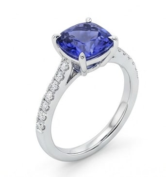 4.0 Ct Cushion Natural Tanzanite 14K White Gold Cathedral Solitaire with Pave Shank Ring - Certified: This certified fine jewelry piece features a 4.0 carat natural Tanzanite in a Cushion cut, crafted in 14K White Gold. The Cathedral Solitaire with Pave Shank design highlights the beauty of the natura