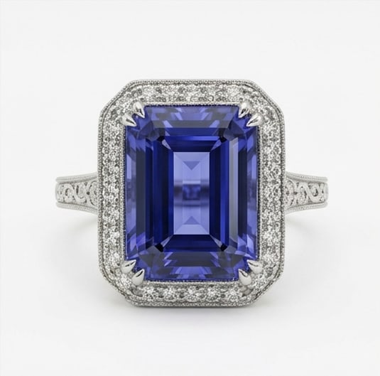 4.0 Ct Emerald Natural Tanzanite 14K White Gold Vintage Halo with Split Shank Ring - Certified: This certified fine jewelry piece features a 4.0 carat natural Tanzanite in a Emerald cut, crafted in 14K White Gold. The Vintage Halo with Split Shank design highlights the beauty of the natural cent