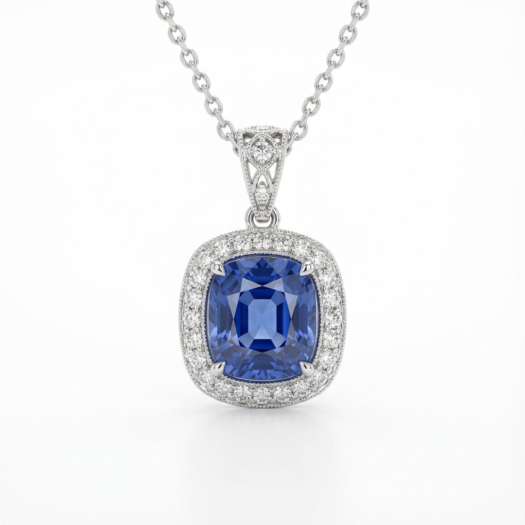 2.5 Ct Cushion Natural Tanzanite 14K White Gold Pendant with Halo & Decorative Bail - Certified: This certified fine jewelry piece features a 2.5 carat natural Tanzanite in a Cushion cut, crafted in 14K White Gold. The Pendant with Halo & Decorative Bail design highlights the beauty of the natura