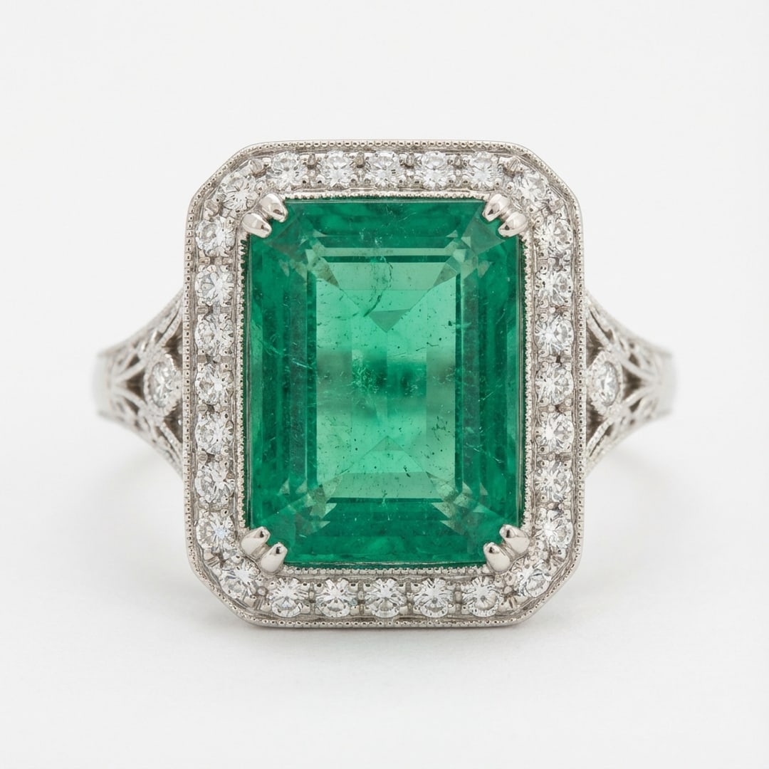 4.0 Ct Emerald Natural Emerald 14K White Gold Vintage Halo with Split Shank Ring - Certified: This certified fine jewelry piece features a 4.0 carat natural Emerald in a Emerald cut, crafted in 14K White Gold. The Vintage Halo with Split Shank design highlights the beauty of the natural center