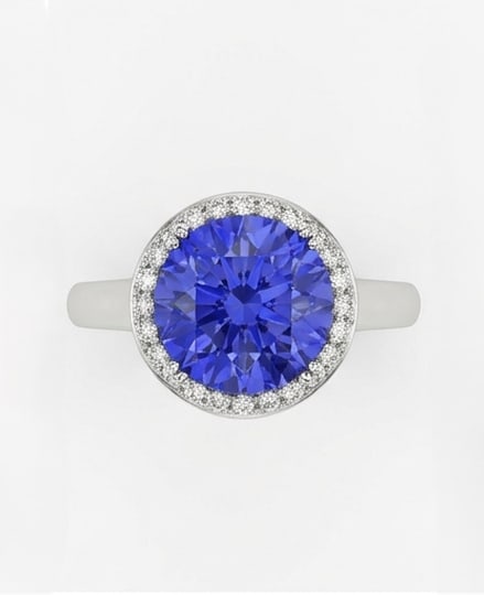 3.0 Ct Round Natural Tanzanite 14K White Gold Halo Setting with Plain Shank Ring - Certified: This certified fine jewelry piece features a 3.0 carat natural Tanzanite in a Round cut, crafted in 14K White Gold. The Halo Setting with Plain Shank design highlights the beauty of the natural center