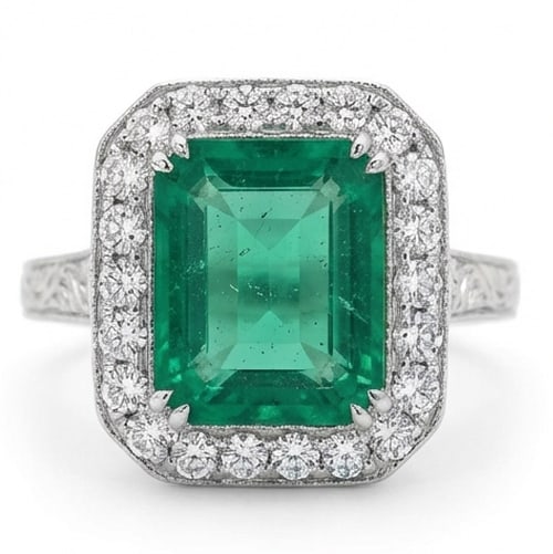 3.5 Ct Emerald Natural Emerald 14K White Gold Vintage Halo with Engraved Shank Ring - Certified: This certified fine jewelry piece features a 3.5 carat natural Emerald in a Emerald cut, crafted in 14K White Gold. The Vintage Halo with Engraved Shank design highlights the beauty of the natural cen