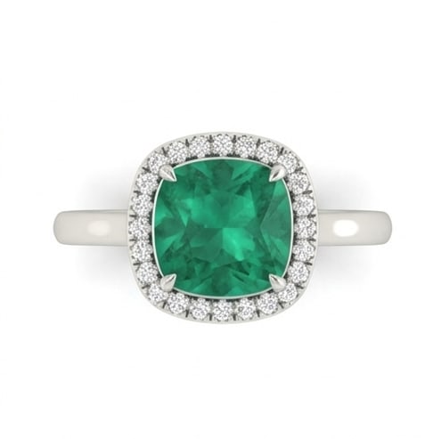 3.0 Ct Cushion Natural Emerald 14K White Gold Halo Setting with Plain Shank Ring - Certified: This certified fine jewelry piece features a 3.0 carat natural Emerald in a Cushion cut, crafted in 14K White Gold. The Halo Setting with Plain Shank design highlights the beauty of the natural center