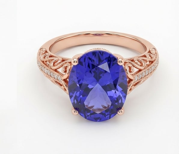 2.5 Ct Oval Natural Tanzanite 14K Rose Gold Vintage Scroll/Filigree Solitaire Ring - Certified: This certified fine jewelry piece features a 2.5 carat natural Tanzanite in a Oval cut, crafted in 14K Rose Gold. The Vintage Scroll/Filigree Solitaire design highlights the beauty of the natural cent