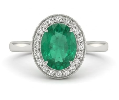 2.0 Ct Oval Natural Emerald 14K White Gold Vintage Bezel Halo Ring - Certified: This certified fine jewelry piece features a 2.0 carat natural Emerald in a Oval cut, crafted in 14K White Gold. The Vintage Bezel Halo design highlights the beauty of the natural center stone. It is 